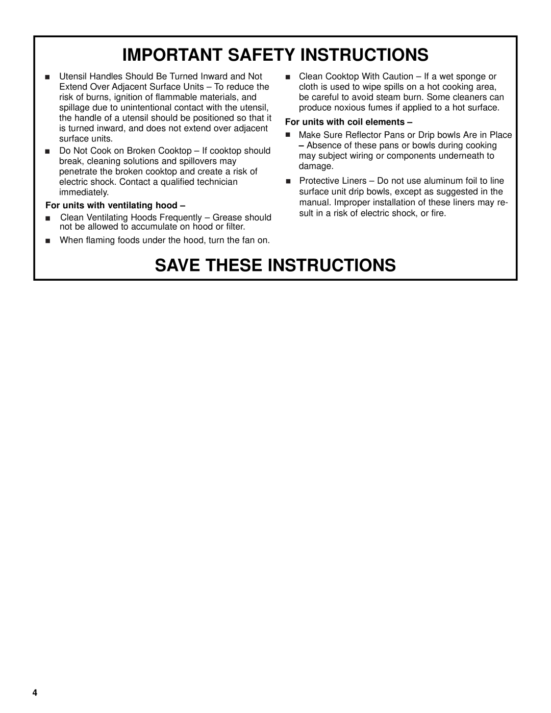 Whirlpool RCS2002 manual For units with ventilating hood, For units with coil elements, Important Safety Instructions 