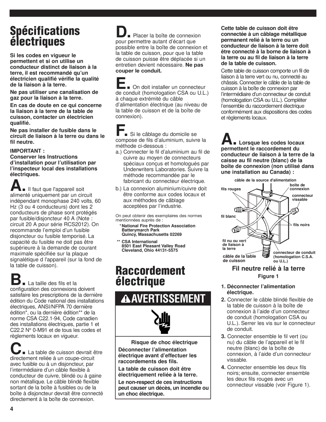 Whirlpool RCS2002GS1 Spécifications Électriques, Raccordement électrique, Fil neutre relié à la terre 