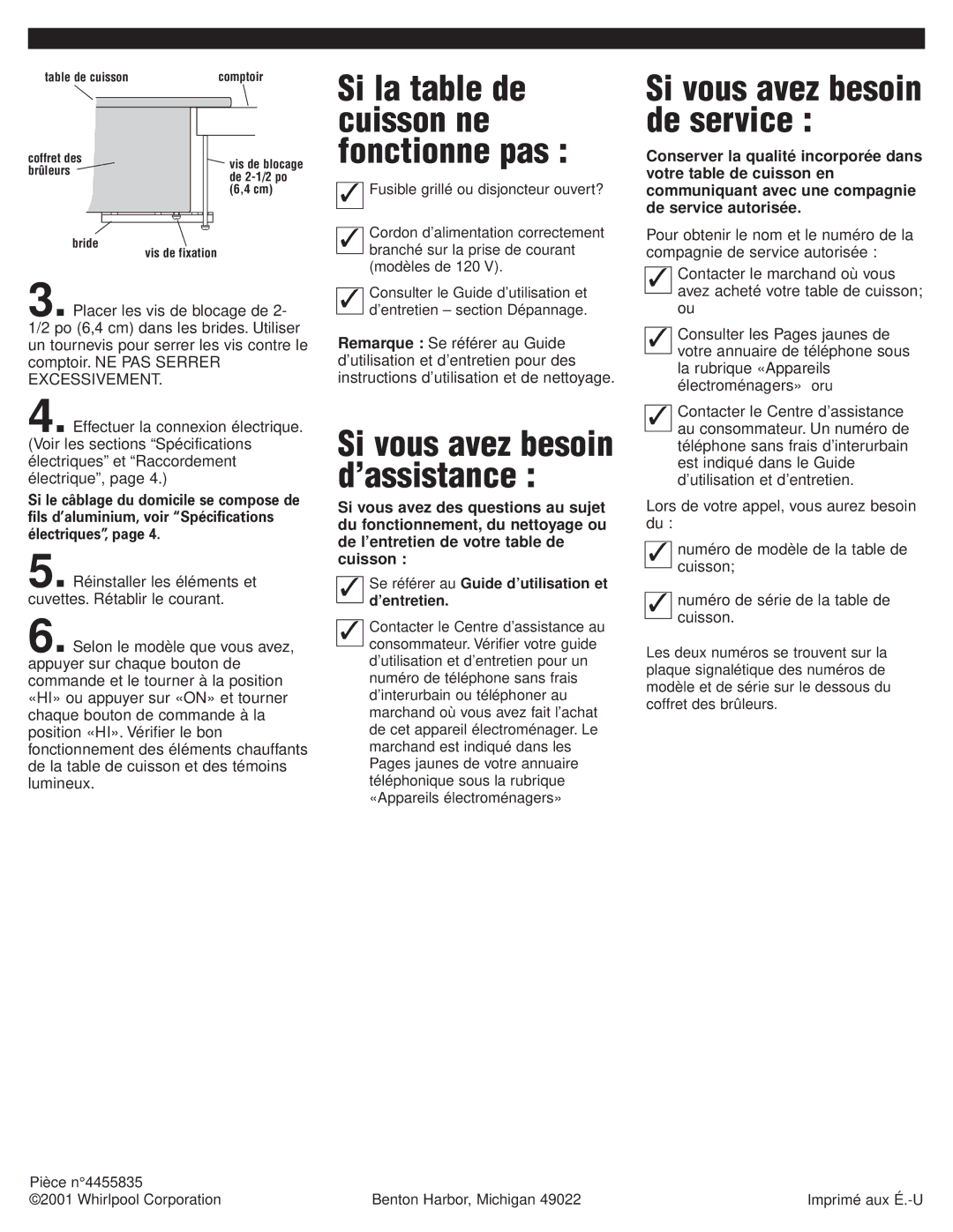 Whirlpool RCS2002GS1 installation instructions Si la table de cuisson ne fonctionne pas, Si vous avez besoin de service 