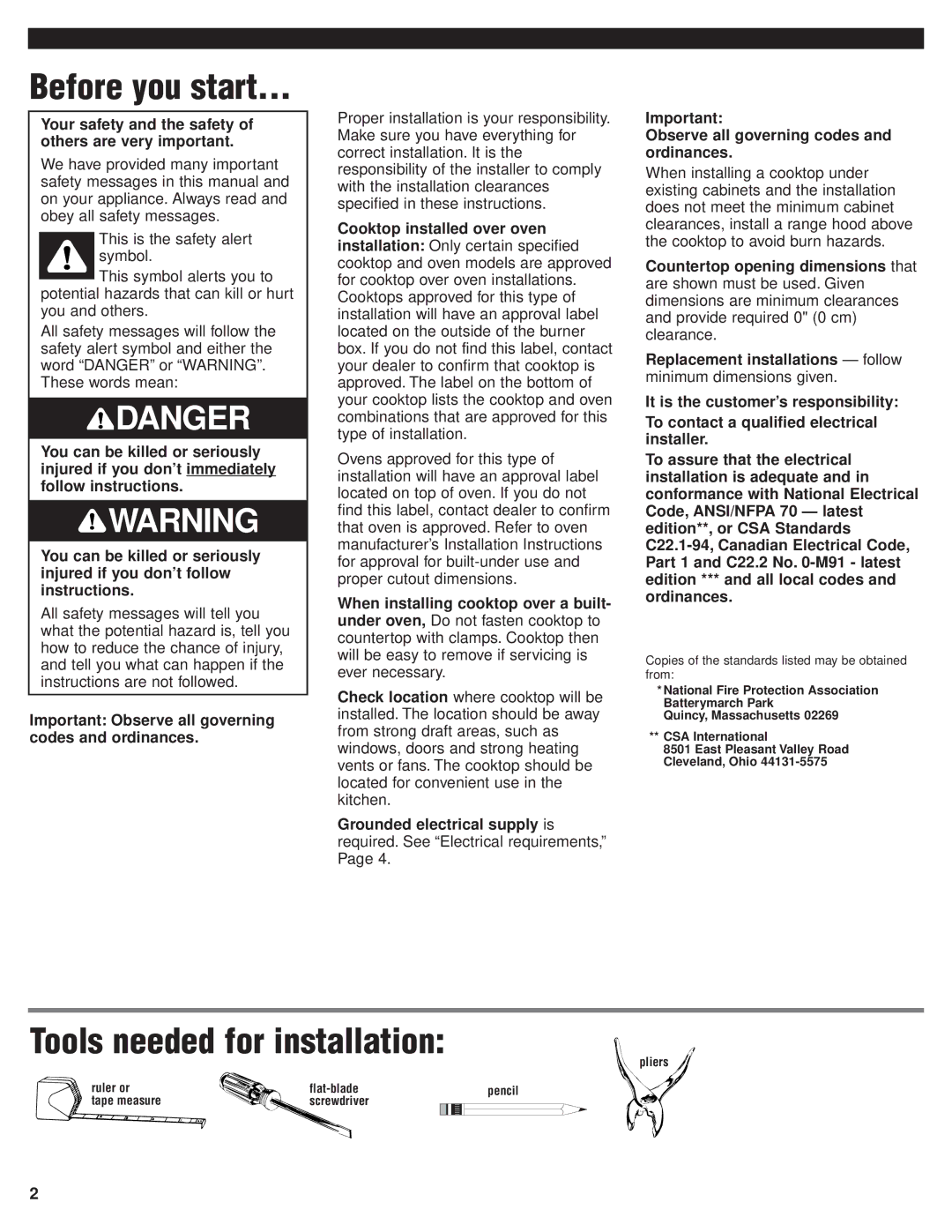 Whirlpool RCS2002GS1 Before you start, Tools needed for installation, Important Observe all governing codes and ordinances 