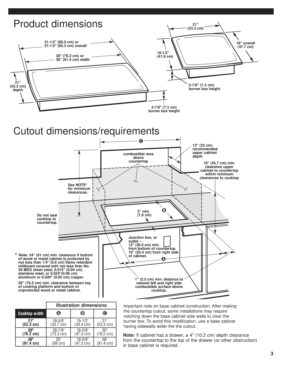 Whirlpool RCS2002GS1 installation instructions Product dimensions, Cutout dimensions/requirements, Illustration dimensions 