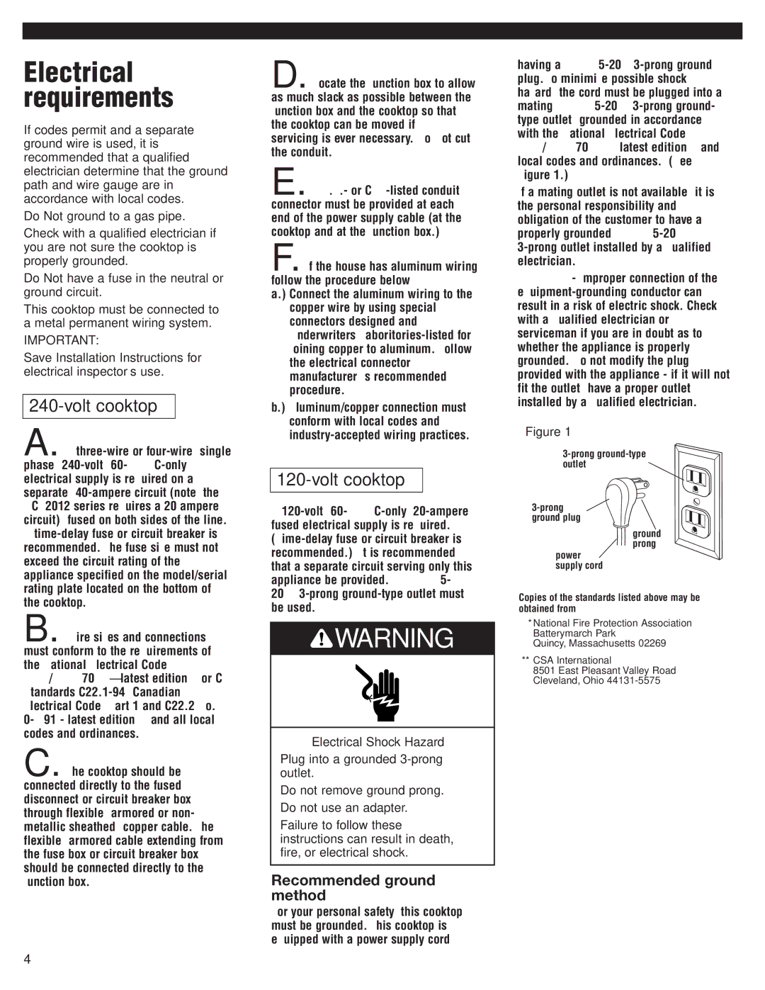 Whirlpool RCS2002GS1 installation instructions Electrical requirements, Volt cooktop 