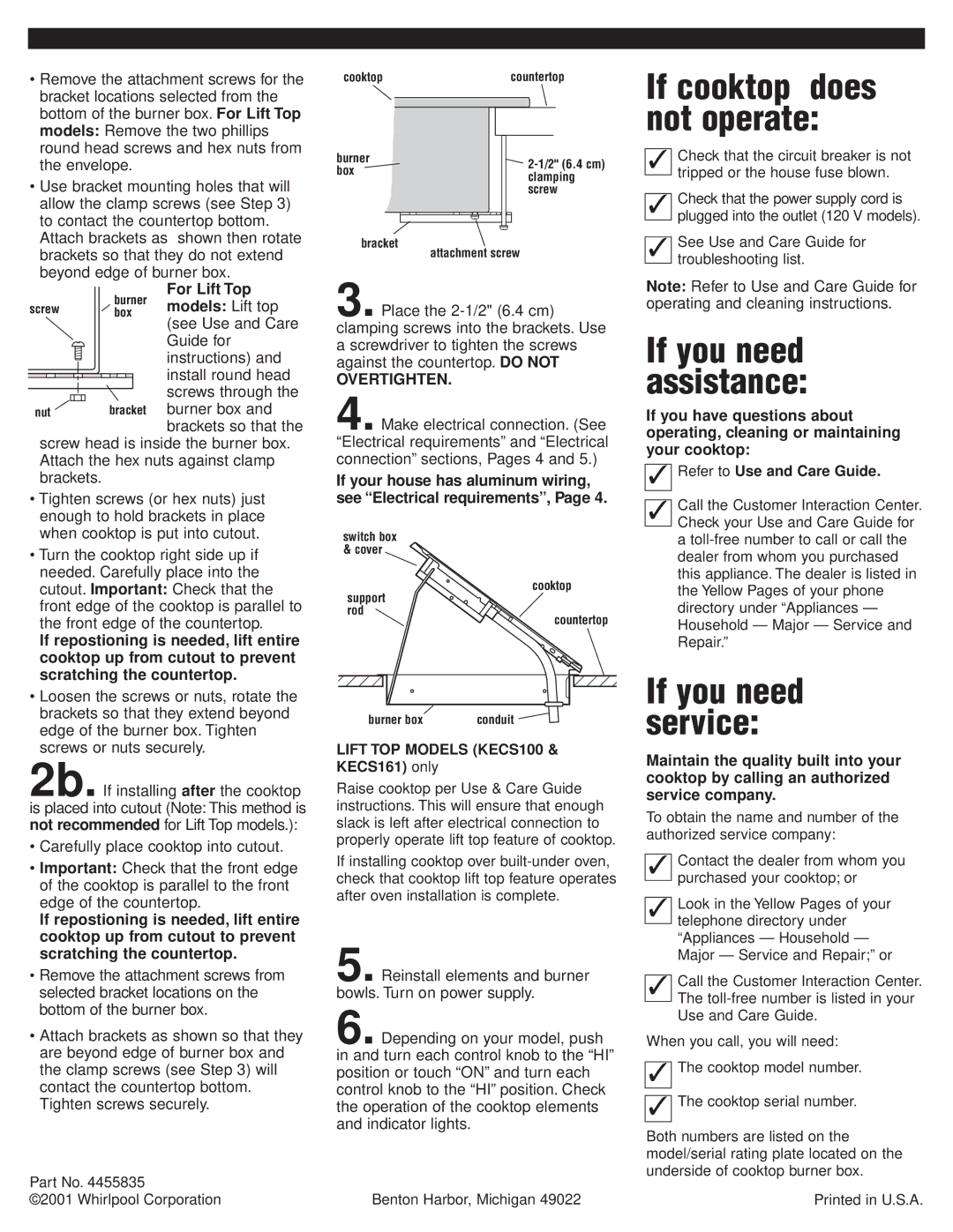 Whirlpool RCS2002GS1 installation instructions If cooktop does not operate, If you need assistance, If you need service 