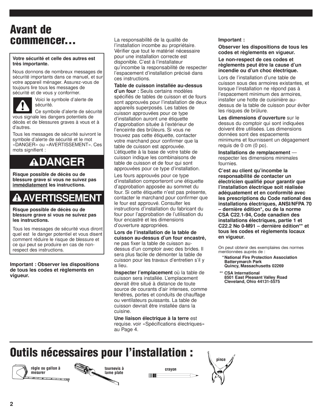 Whirlpool RCS2002GS1 installation instructions Avant de Commencer, Outils nécessaires pour l’installation 