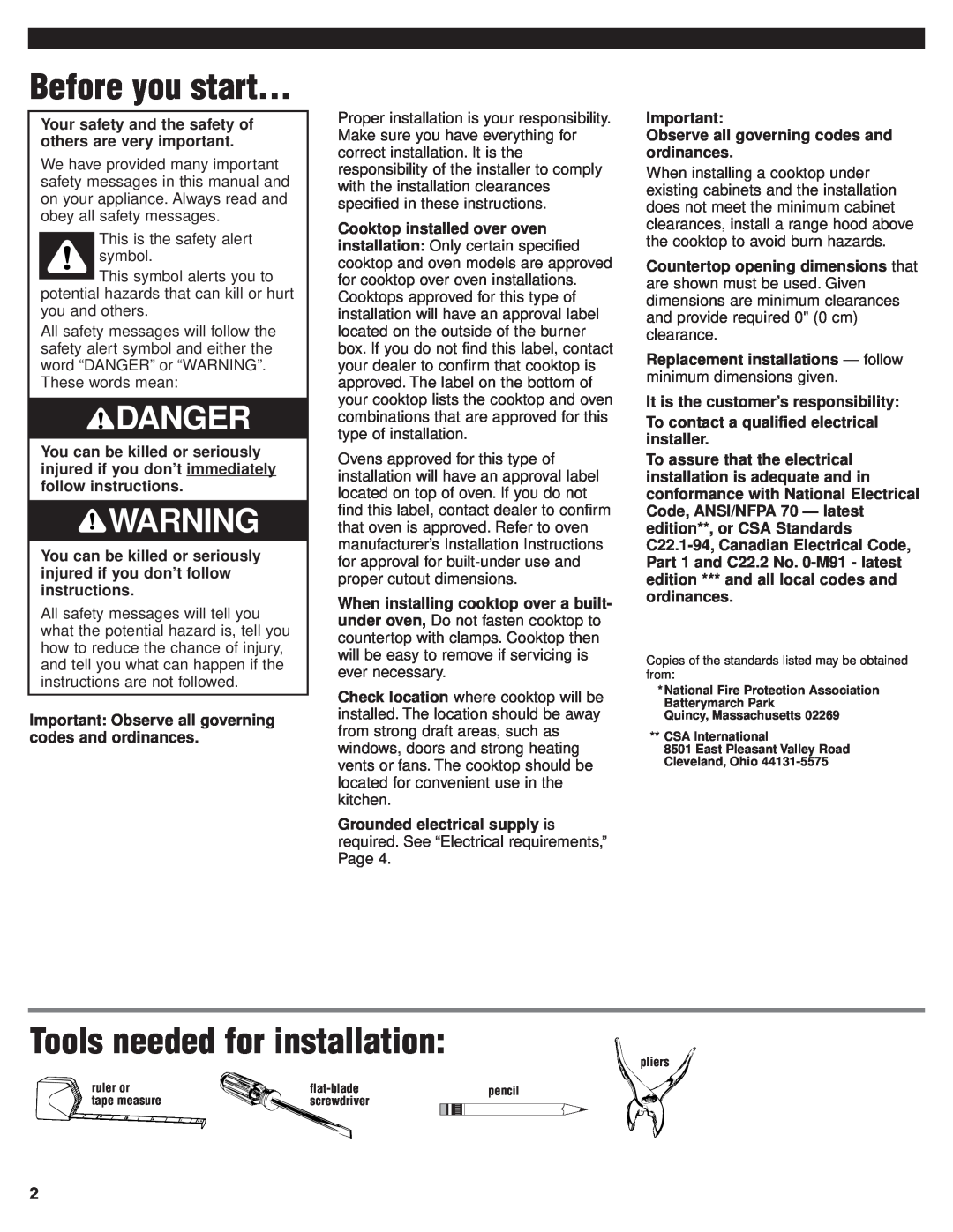 Whirlpool RCS2002GS1 installation instructions Before you start, Tools needed for installation, Danger 