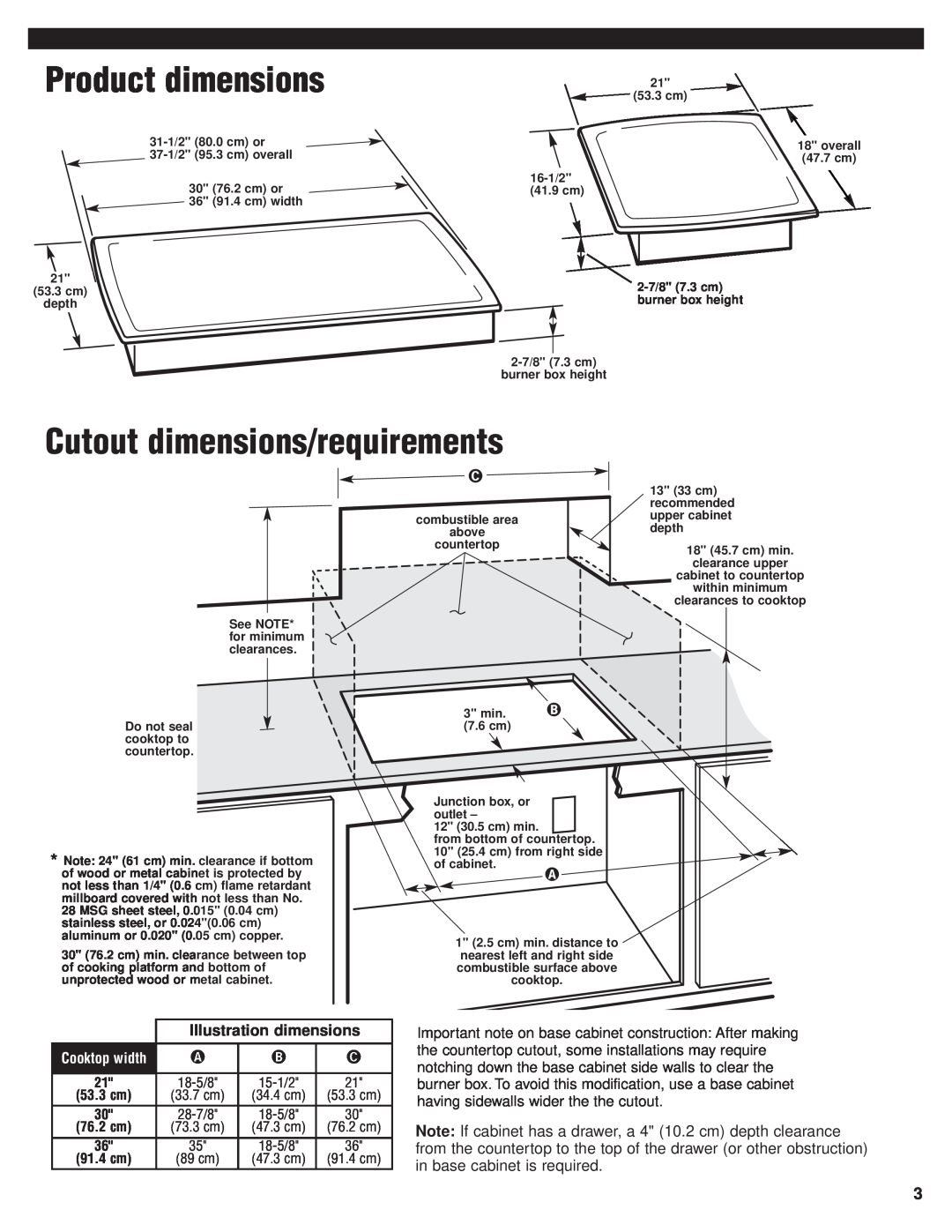 Whirlpool RCS2002GS1 installation instructions Product dimensions, Cutout dimensions/requirements, Illustration dimensions 