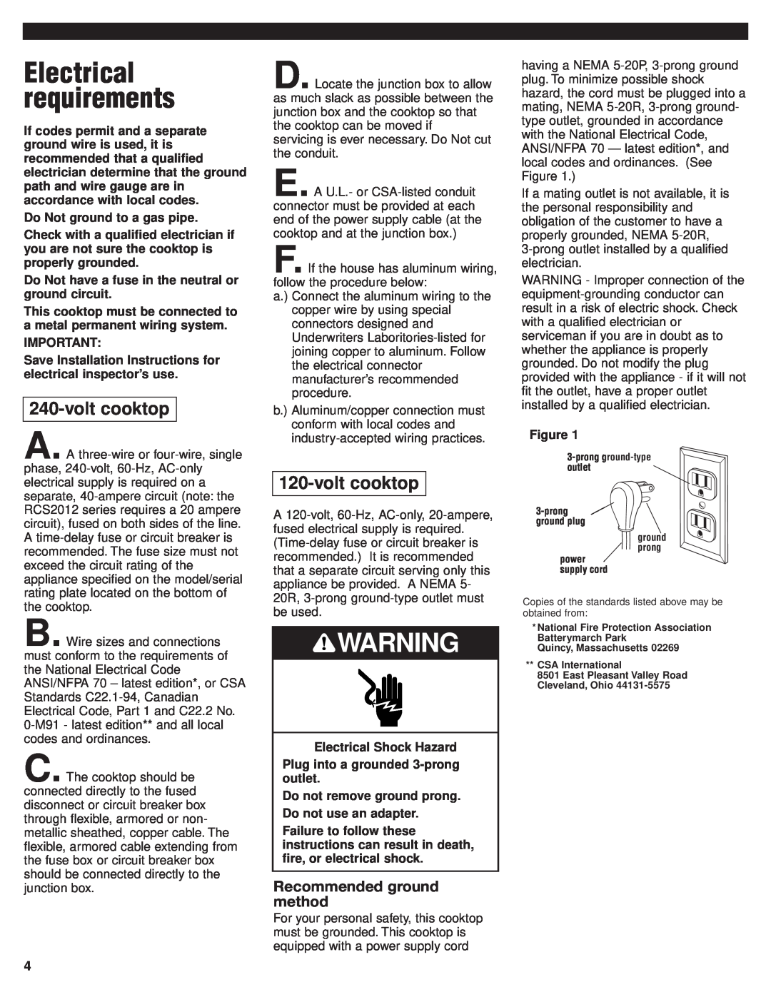Whirlpool RCS2002GS1 installation instructions Electrical requirements, volt cooktop, Recommended ground method 