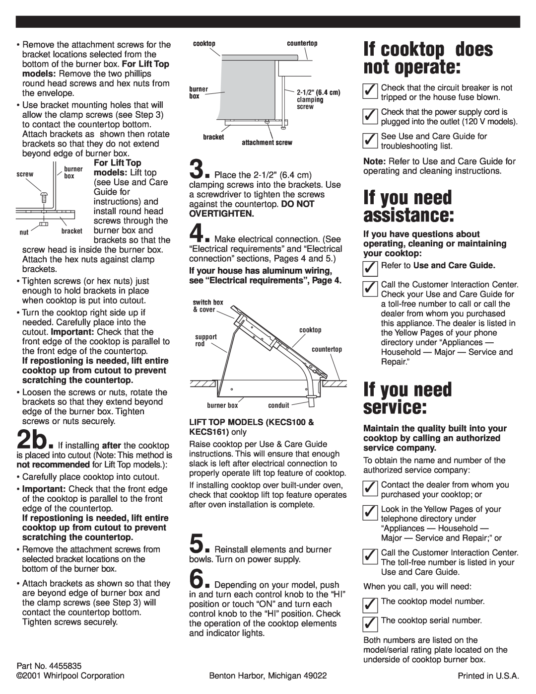 Whirlpool RCS2002GS1 installation instructions If cooktop does not operate, If you need assistance, If you need service 
