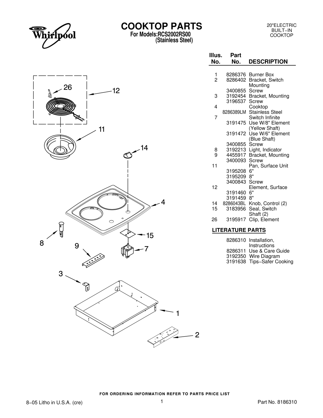 Whirlpool RCS2002R installation instructions Cooktop Parts, Illus. Part No. No. Description, Literature Parts 