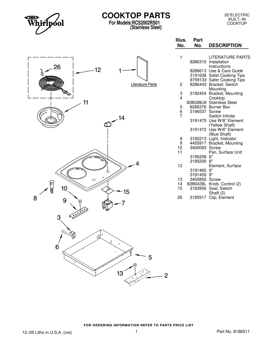 Whirlpool RCS2002RS01 installation instructions Cooktop Parts, Illus. Part No. No. Description, Literature Parts 