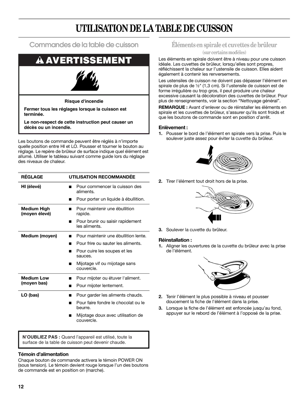 Whirlpool RCS2012 manual Utilisation DE LA Table DE Cuisson, Éléments en spirale et cuvettes de brûleur, Enlèvement 