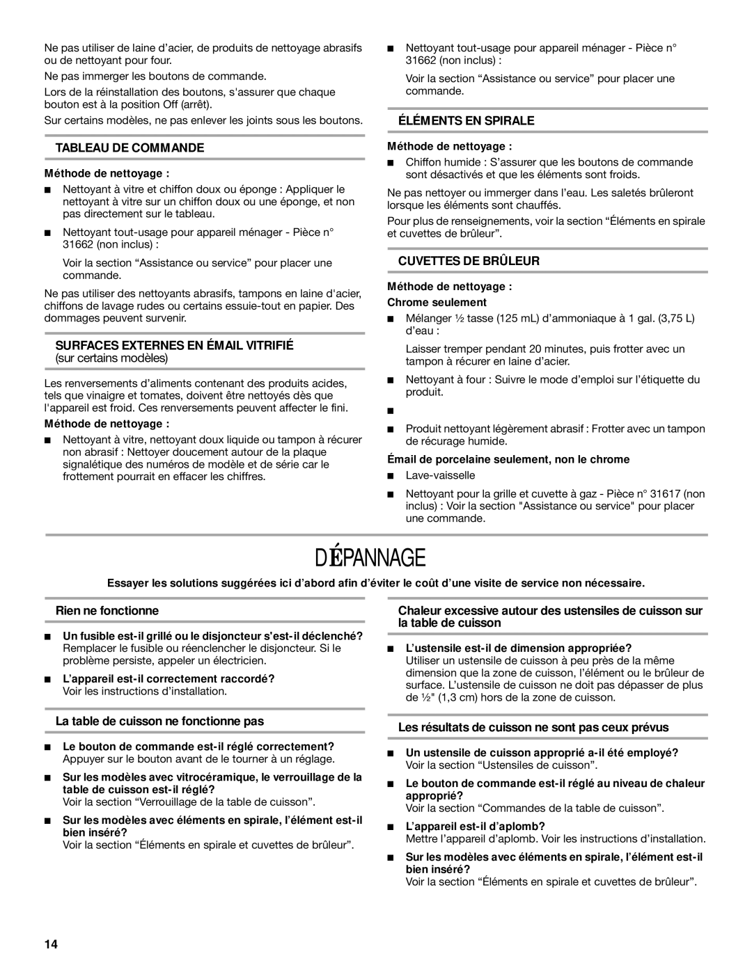 Whirlpool RCS2012 manual Dépannage, Rien ne fonctionne, La table de cuisson ne fonctionne pas 