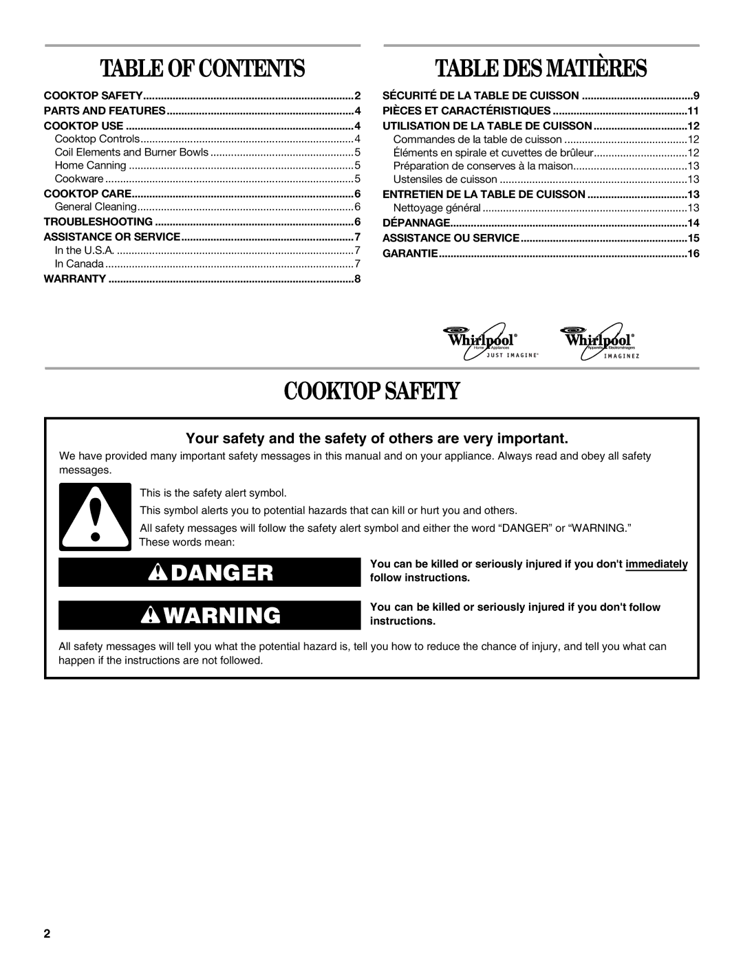 Whirlpool RCS2012 manual Cooktop Safety, Table of Contents 