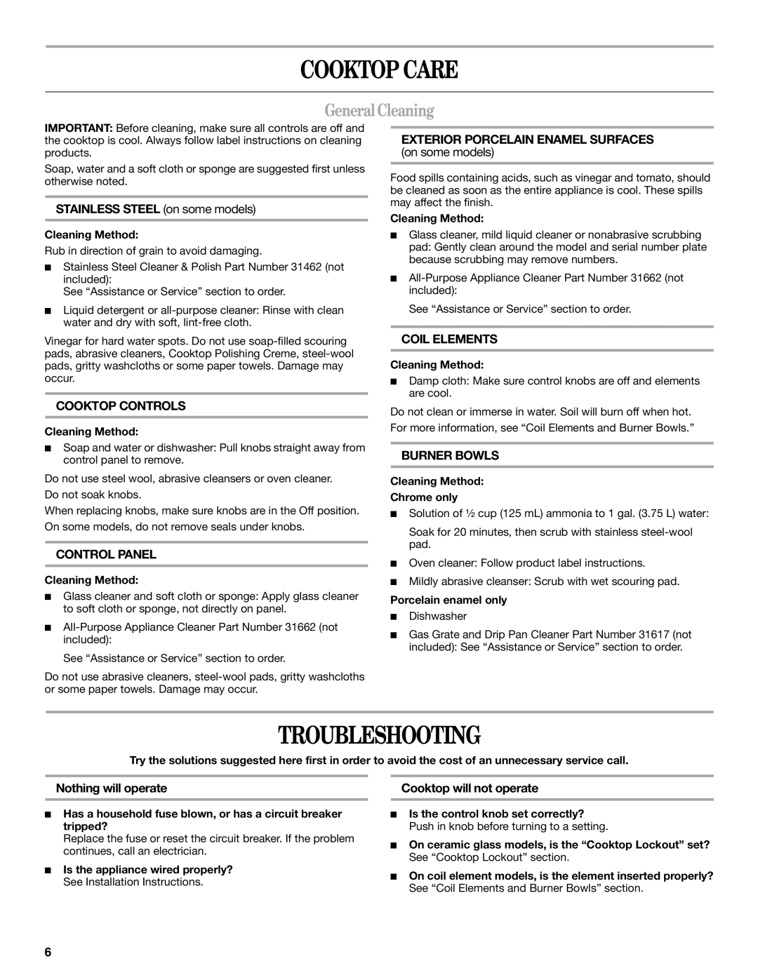 Whirlpool RCS2012 manual Cooktop Care, Troubleshooting, General Cleaning, Stainless Steel on some models 