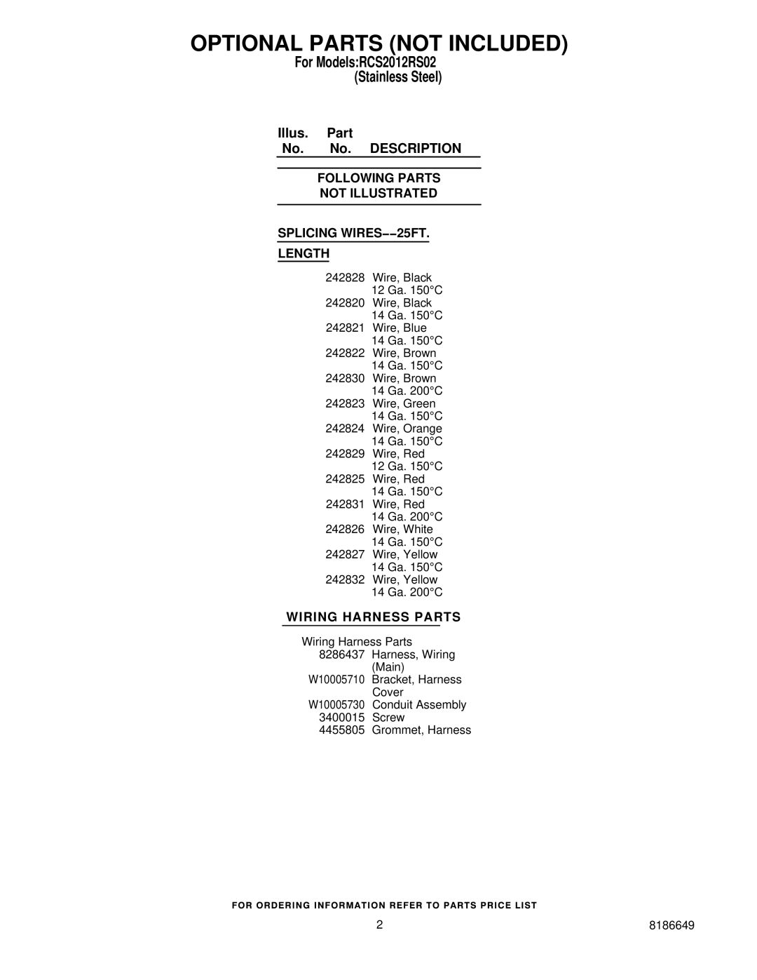 Whirlpool RCS2012R Optional Parts not Included, Following Parts Not Illustrated Splicing WIRES−−25FT Length 