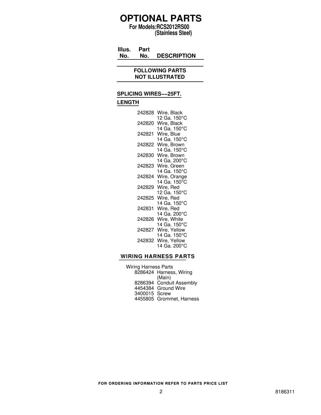 Whirlpool RCS2012RS00 Optional Parts, Following Parts Not Illustrated Splicing WIRES−−25FT Length, Wiring Harness Parts 