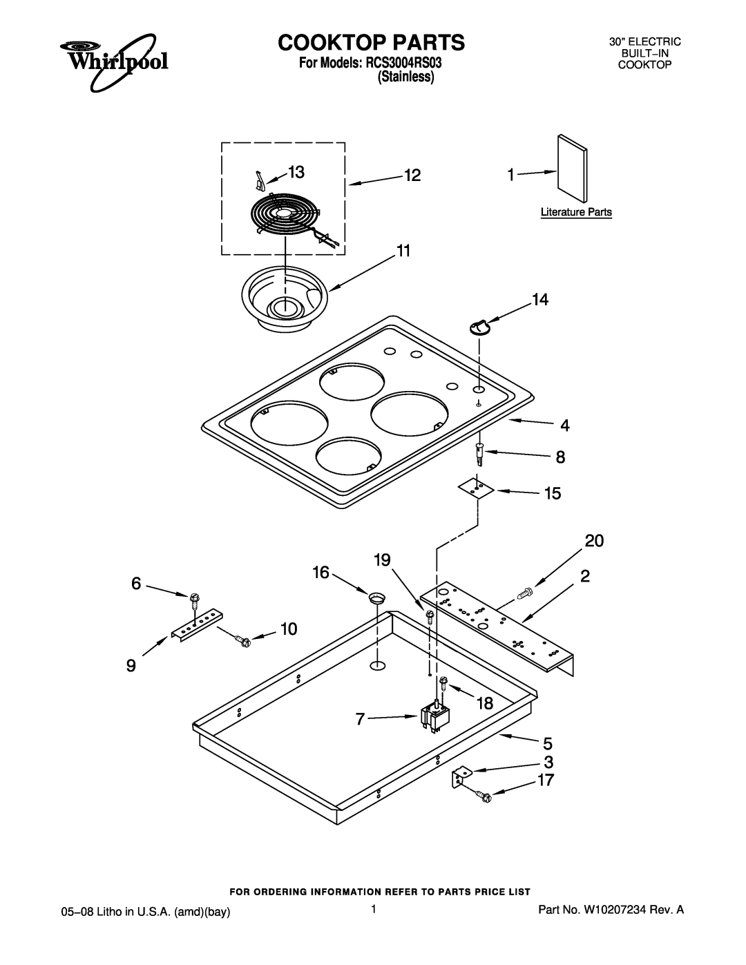 Whirlpool manual Cooktop Parts, 05−08 Litho in U.S.A. amdbay, For Models RCS3004RS03 Stainless 