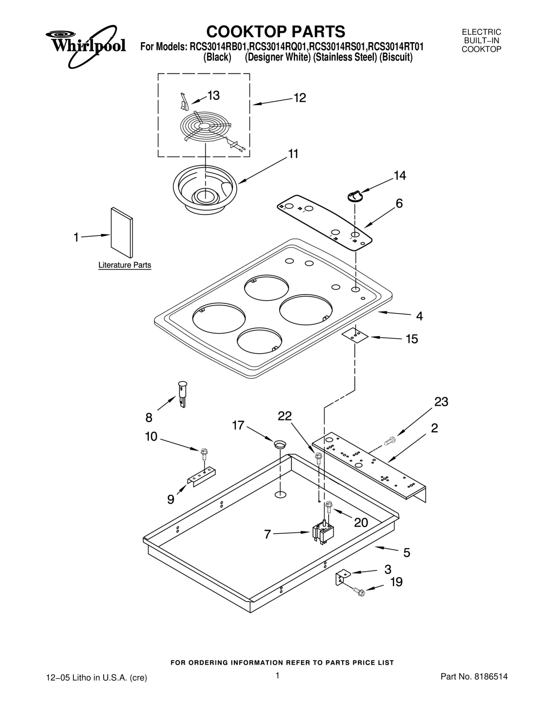 Whirlpool RCS3014RS01, RCS3014RT01, RCS3014RQ01, RCS3014RB01 manual Cooktop Parts 