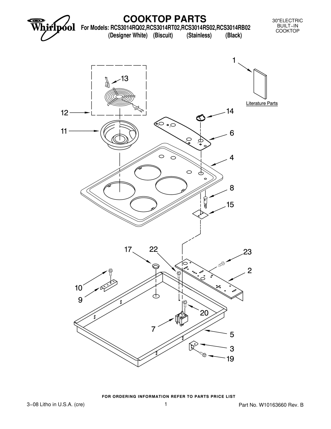 Whirlpool RCS3014RB02, RCS3014RT02, RCS3014RQ02, RCS3014RS02 manual Cooktop Parts 