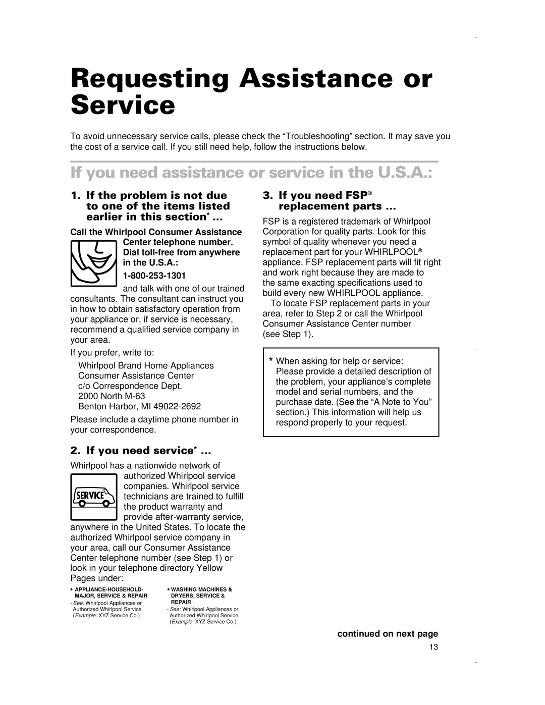 Whirlpool RCS3014G, RCS3614G, RCS2012G Requesting Assistance or Service, If you need assistance or service in the U.S.A 