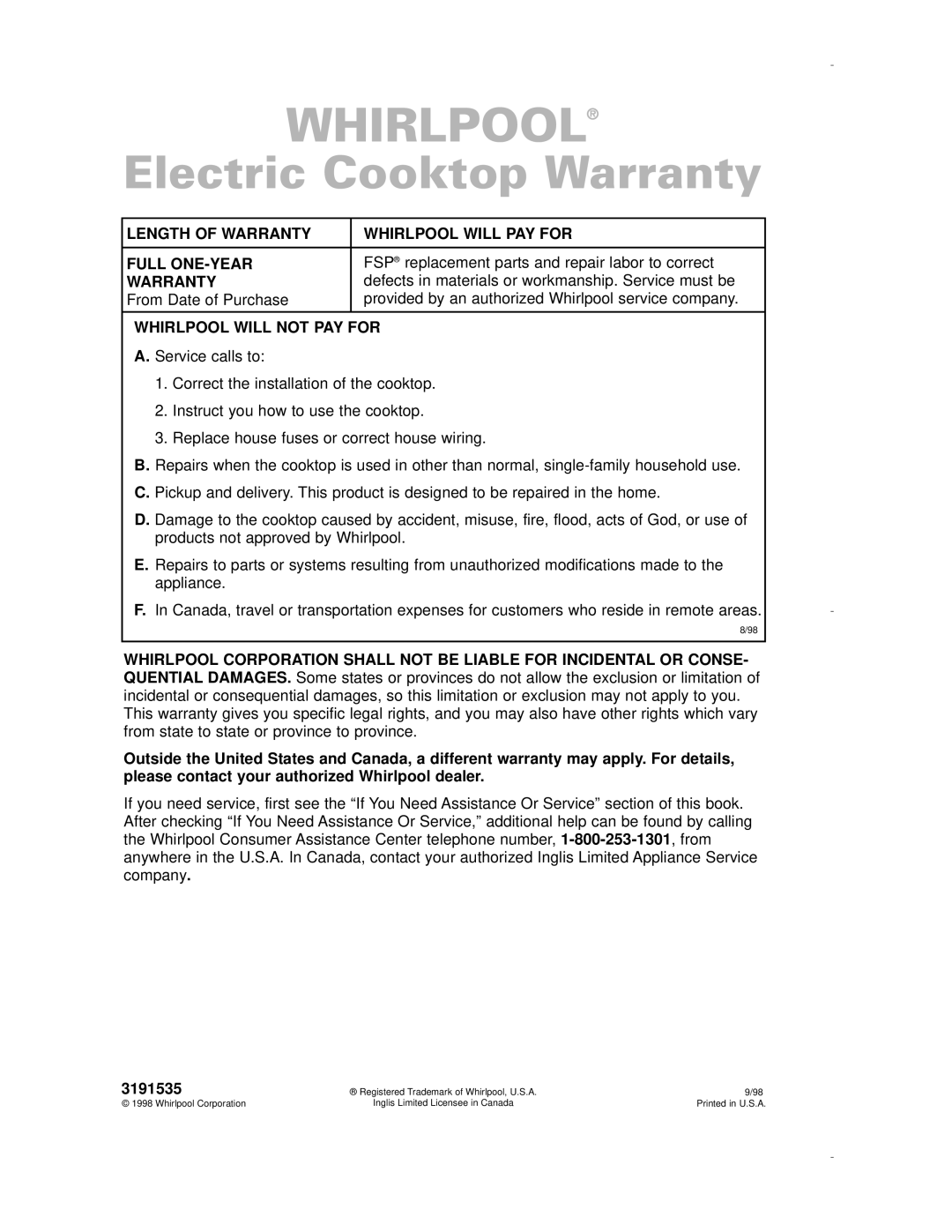 Whirlpool RCS3614G, RCS2012G, RCS2002G Length of Warranty Whirlpool will PAY for Full ONE-YEAR, Whirlpool will not PAY for 