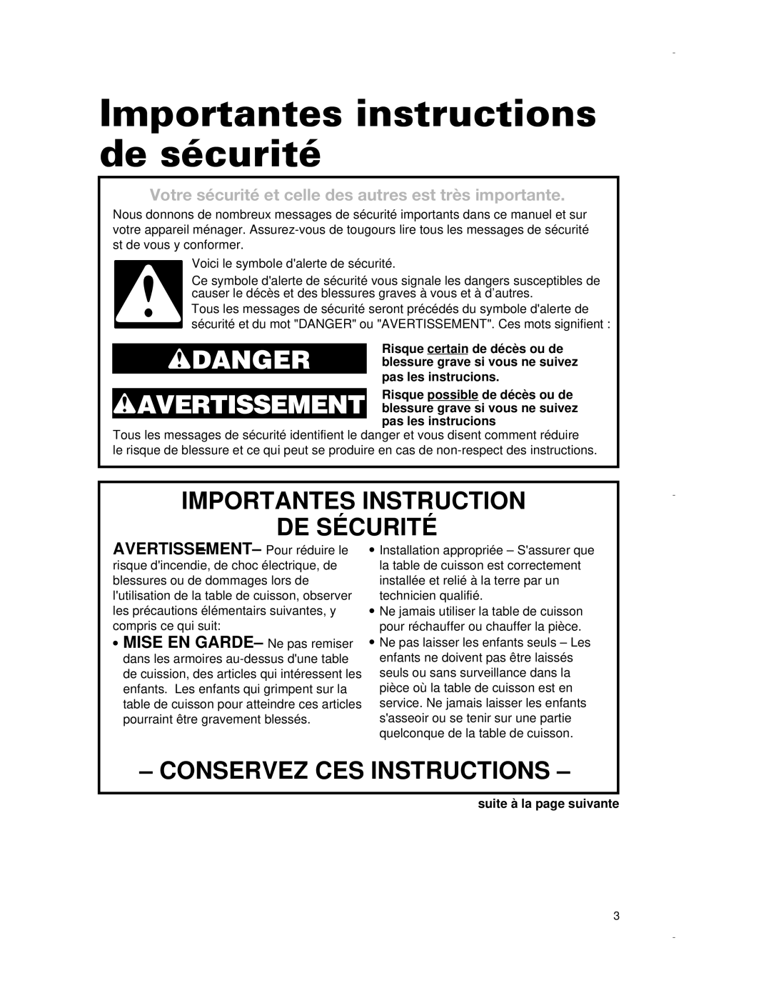 Whirlpool RCS3014G, RCS3614G, RCS2012G, RCS2002G, RCS3004G Importantes instructions de sécurité, Suite à la page suivante 