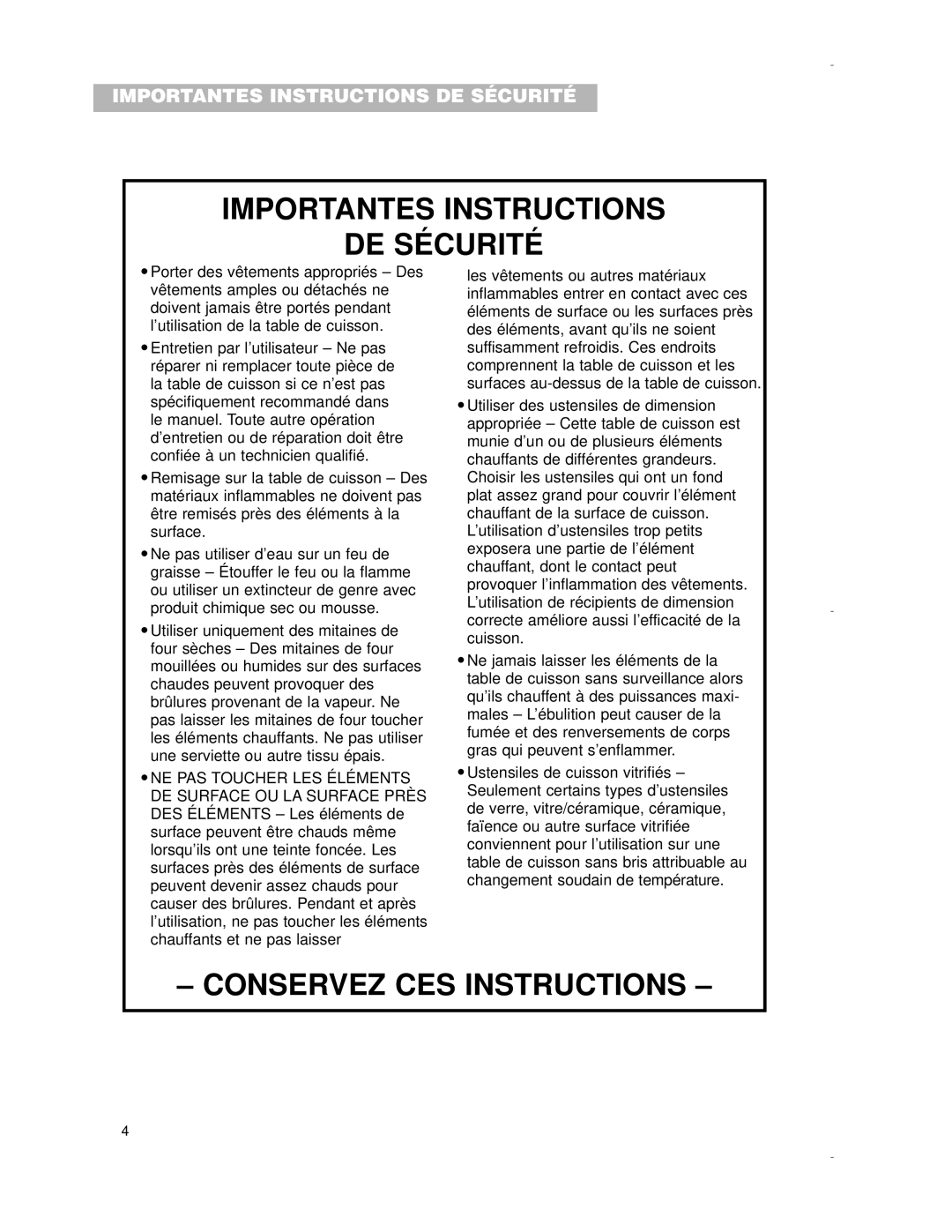 Whirlpool RCS3004G, RCS3614G, RCS2012G, RCS2002G, RCS3014G important safety instructions Importantes Instructions DE Sécurité 