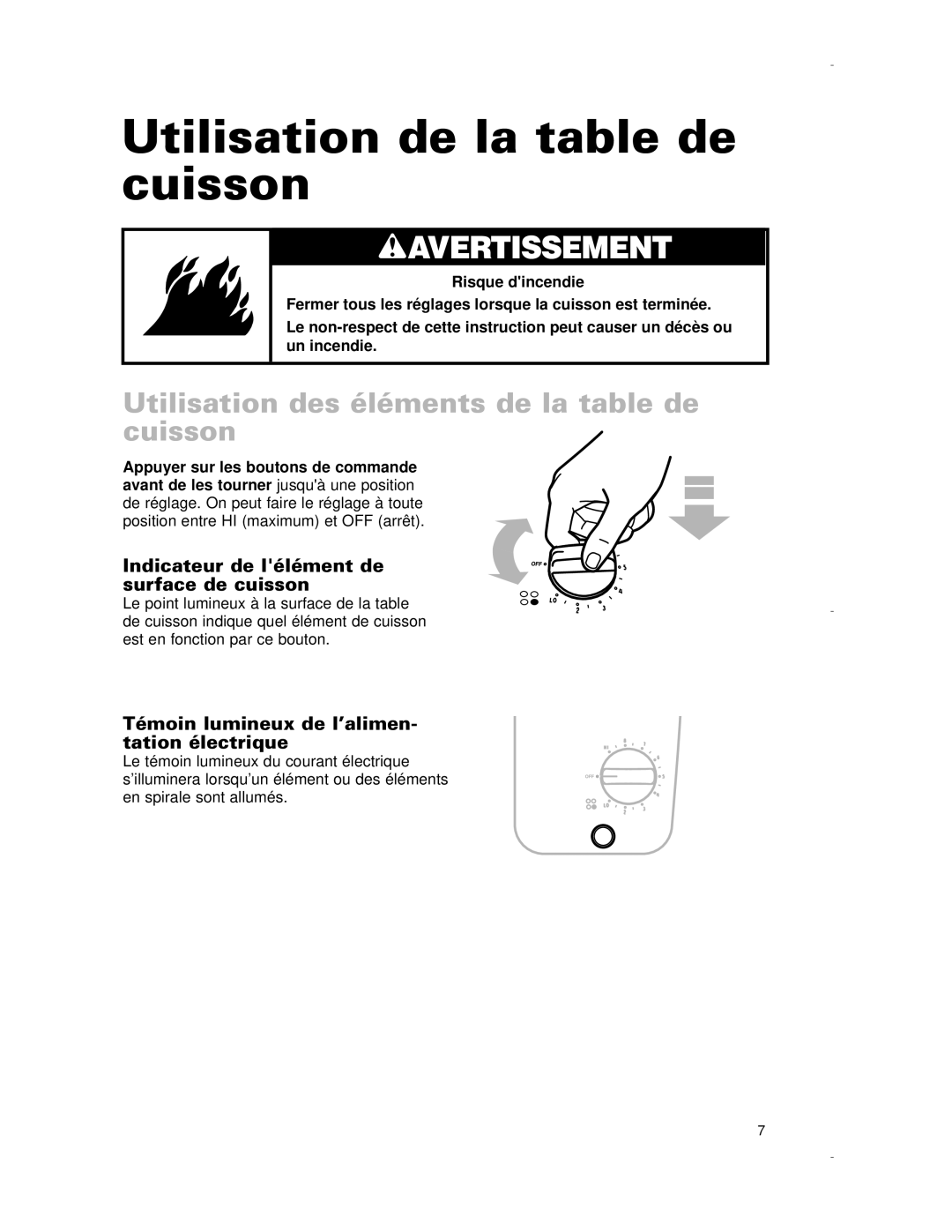 Whirlpool RCS2002G, RCS3614G, RCS2012G Utilisation de la table de cuisson, Utilisation des éléments de la table de cuisson 