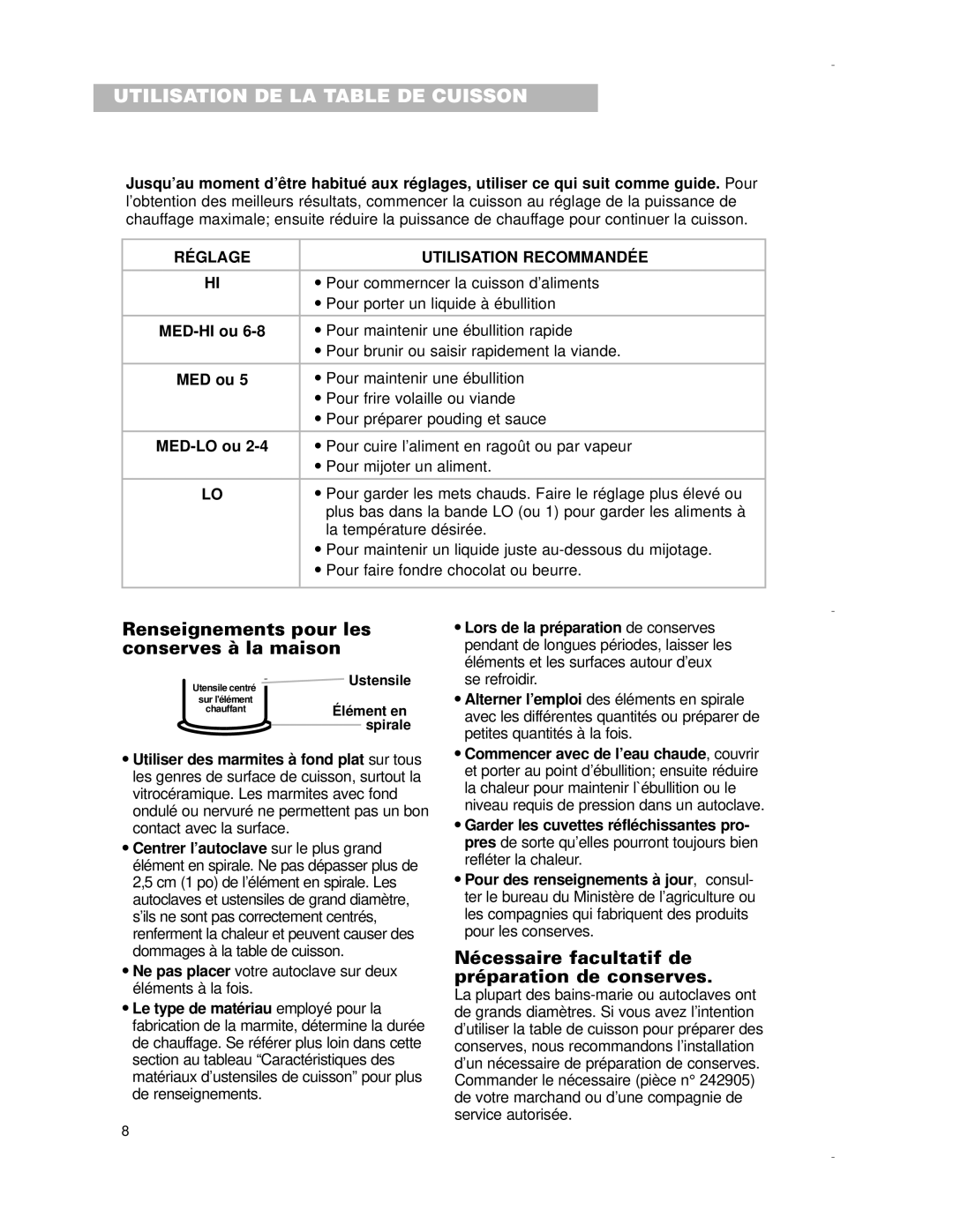 Whirlpool RCS3014G Renseignements pour les conserves à la maison, Nécessaire facultatif de préparation de conserves 