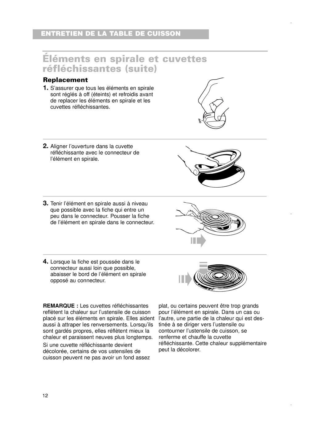 Whirlpool RCS2002G, RCS3614G, RCS2012G, RCS3014G, RCS3004G Éléments en spirale et cuvettes réfléchissantes suite, Replacement 