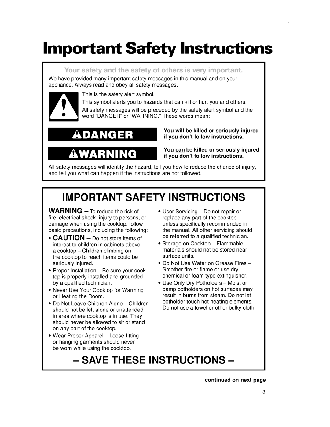 Whirlpool RCS3014G, RCS3614G, RCS2012G, RCS2002G, RCS3004G important safety instructions Important Safety Instructions, On next 