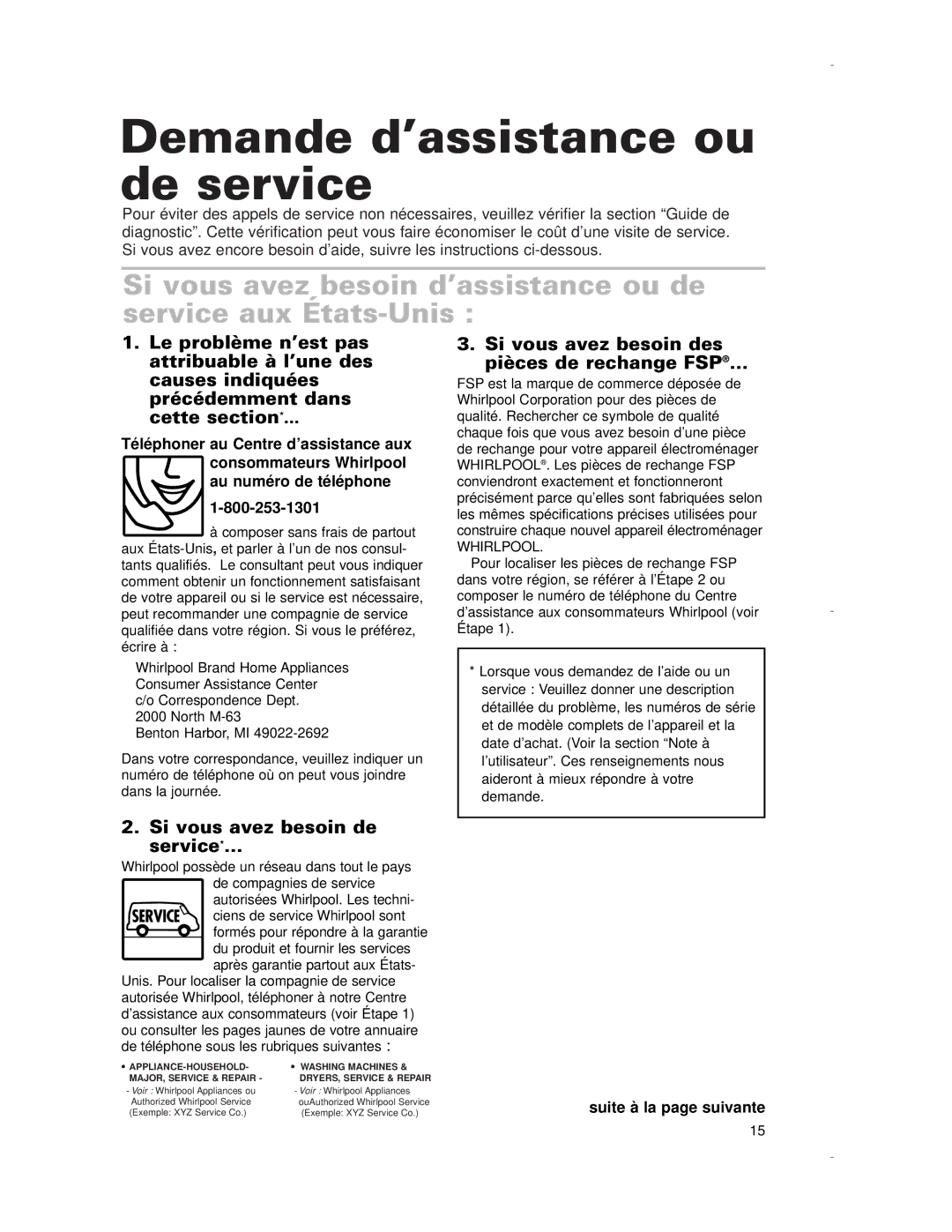 Whirlpool RCS3614G, RCS2012G, RCS2002G Demande d’assistance ou de service, Si vous avez besoin des pièces de rechange FSP… 