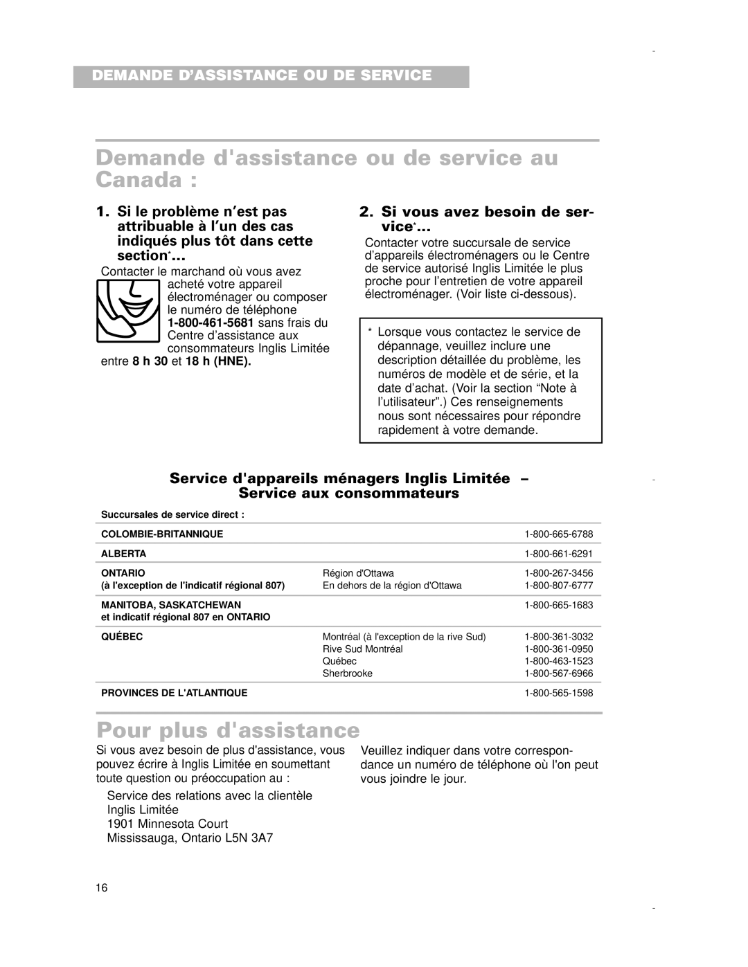 Whirlpool RCS2012G Demande dassistance ou de service au Canada, Pour plus dassistance, Si vous avez besoin de ser- vice 