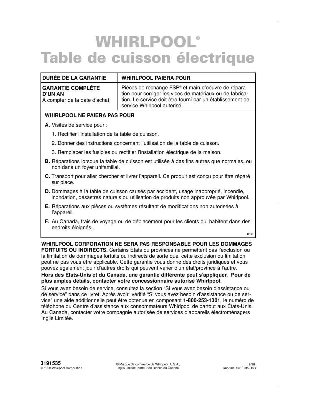 Whirlpool RCS2002G, RCS3614G, RCS2012G, RCS3014G, RCS3004G important safety instructions ’Un An, Whirlpool NE Paiera PAS Pour 