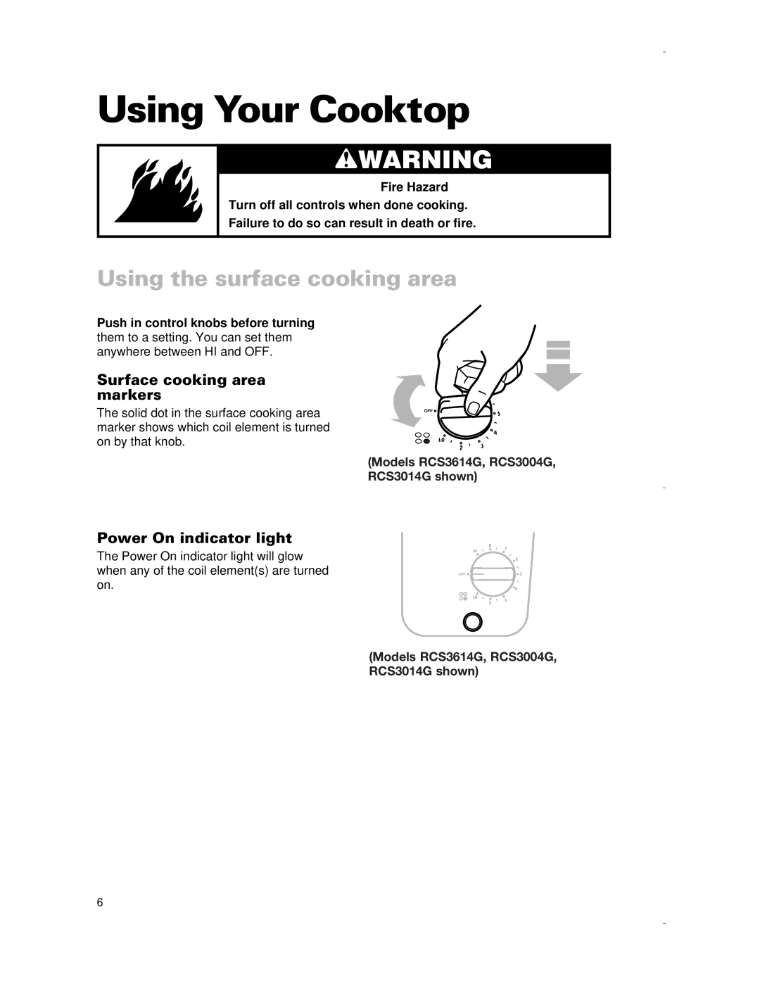 Whirlpool RCS2012G, RCS3614G, RCS2002G Using Your Cooktop, Using the surface cooking area, Surface cooking area markers 