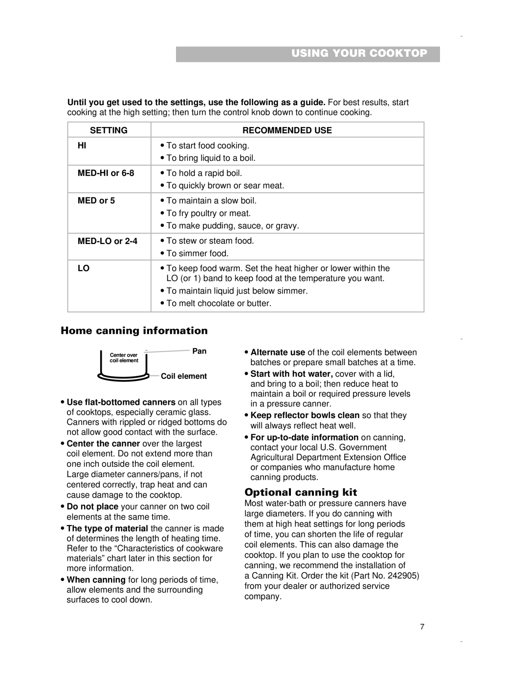 Whirlpool RCS2002G, RCS3614G, RCS2012G, RCS3014G Home canning information, Optional canning kit, Setting Recommended USE 