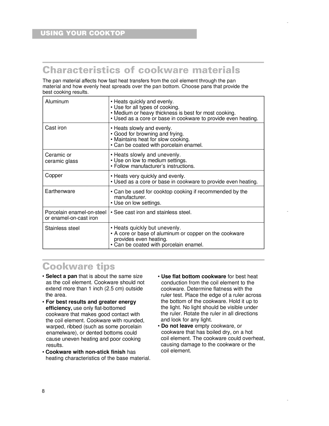 Whirlpool RCS3014G, RCS3614G, RCS2012G, RCS2002G, RCS3004G Characteristics of cookware materials, Cookware tips 