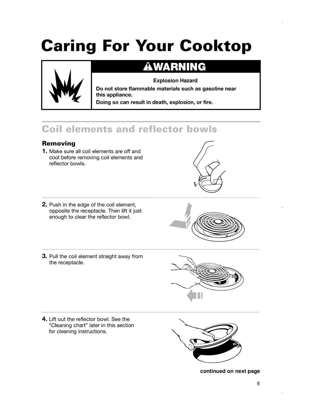 Whirlpool RCS3004G, RCS3614G, RCS2012G, RCS2002G Caring For Your Cooktop, Coil elements and reflector bowls, Removing 