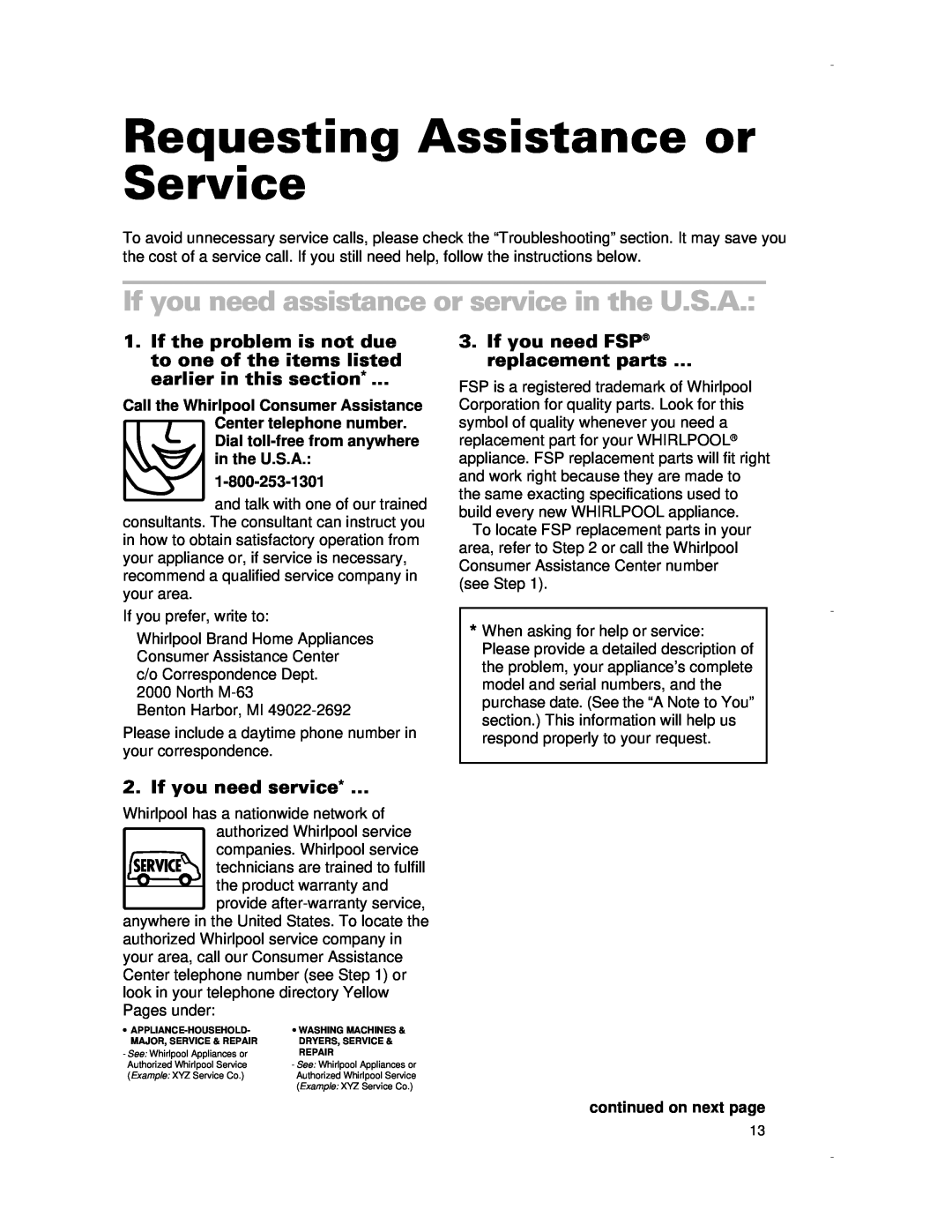 Whirlpool RCS3014G, RCS3614G, RCS2012G Requesting Assistance or Service, If you need assistance or service in the U.S.A 