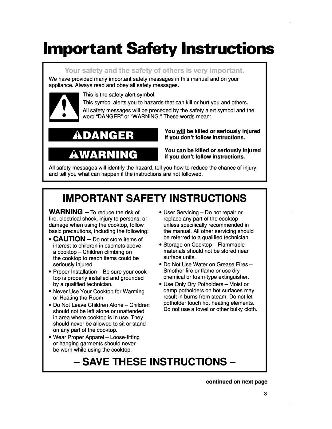 Whirlpool RCS3014G, RCS3614G, RCS2012G, RCS2002G Important Safety Instructions, wDANGER wWARNING, Save These Instructions 