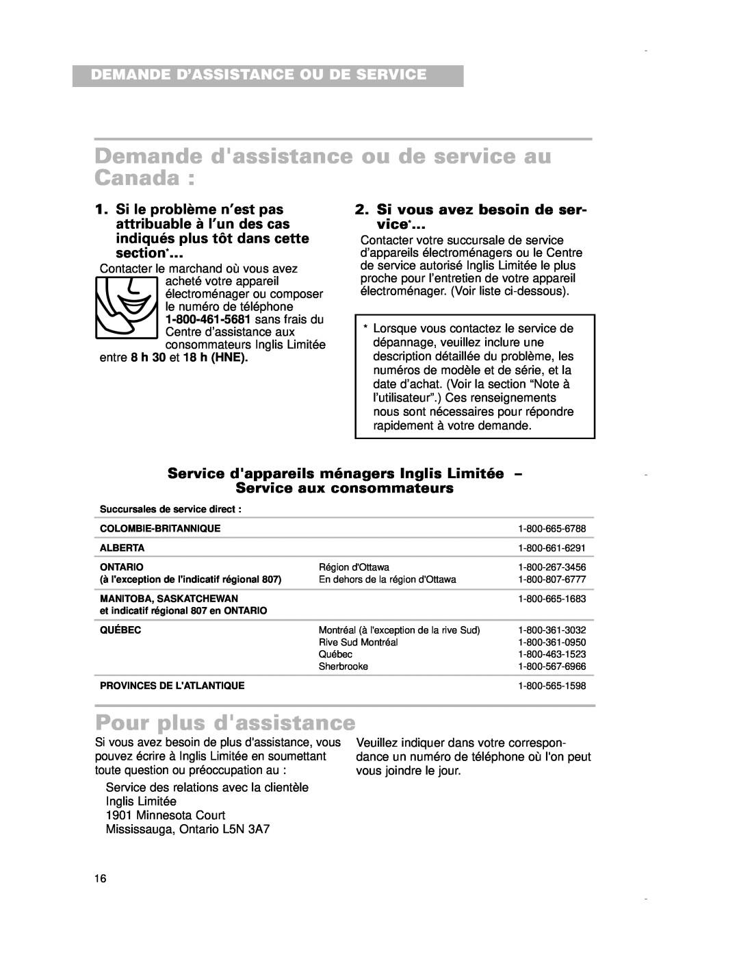 Whirlpool RCS2012G Demande dassistance ou de service au Canada, Pour plus dassistance, Demande D’Assistance Ou De Service 