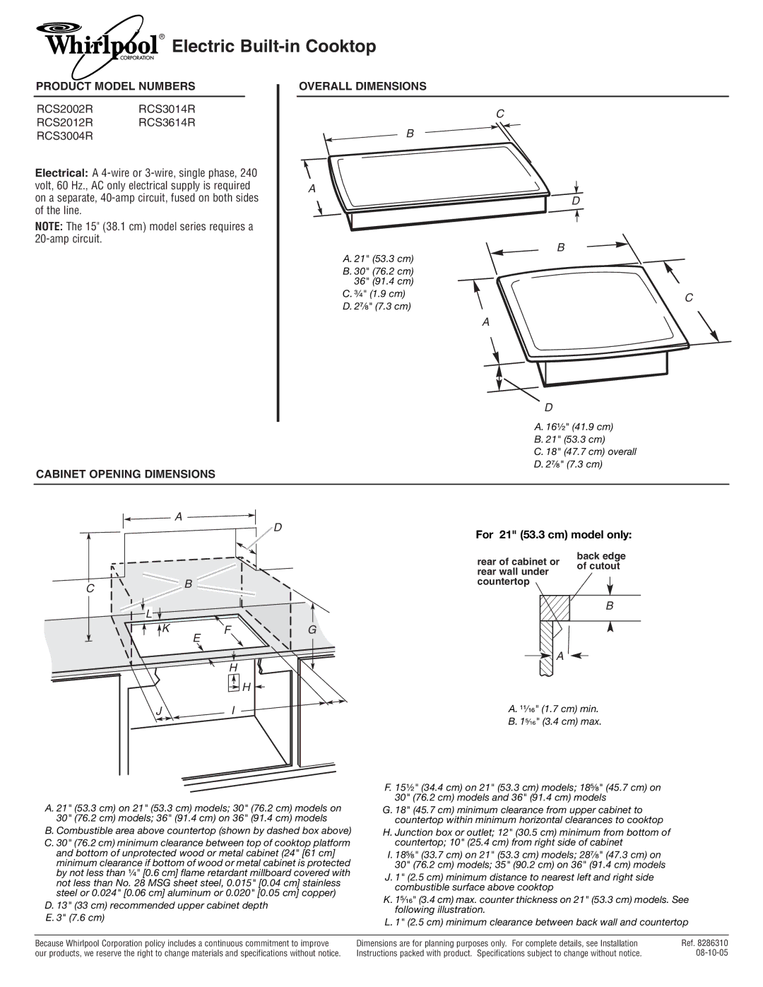 Whirlpool RCS3004R, RCS3614R dimensions Electric Built-in Cooktop, Product Model Numbers, For 21 53.3 cm model only 