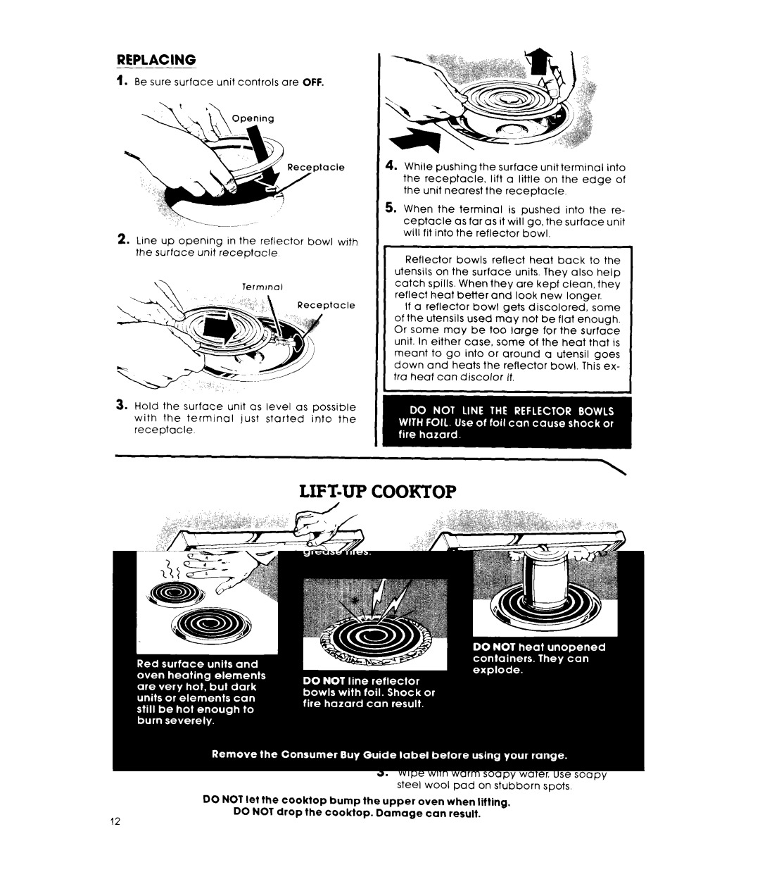 Whirlpool RE953PXKT0 warranty LIFT-UP Cooktop, Replacing 