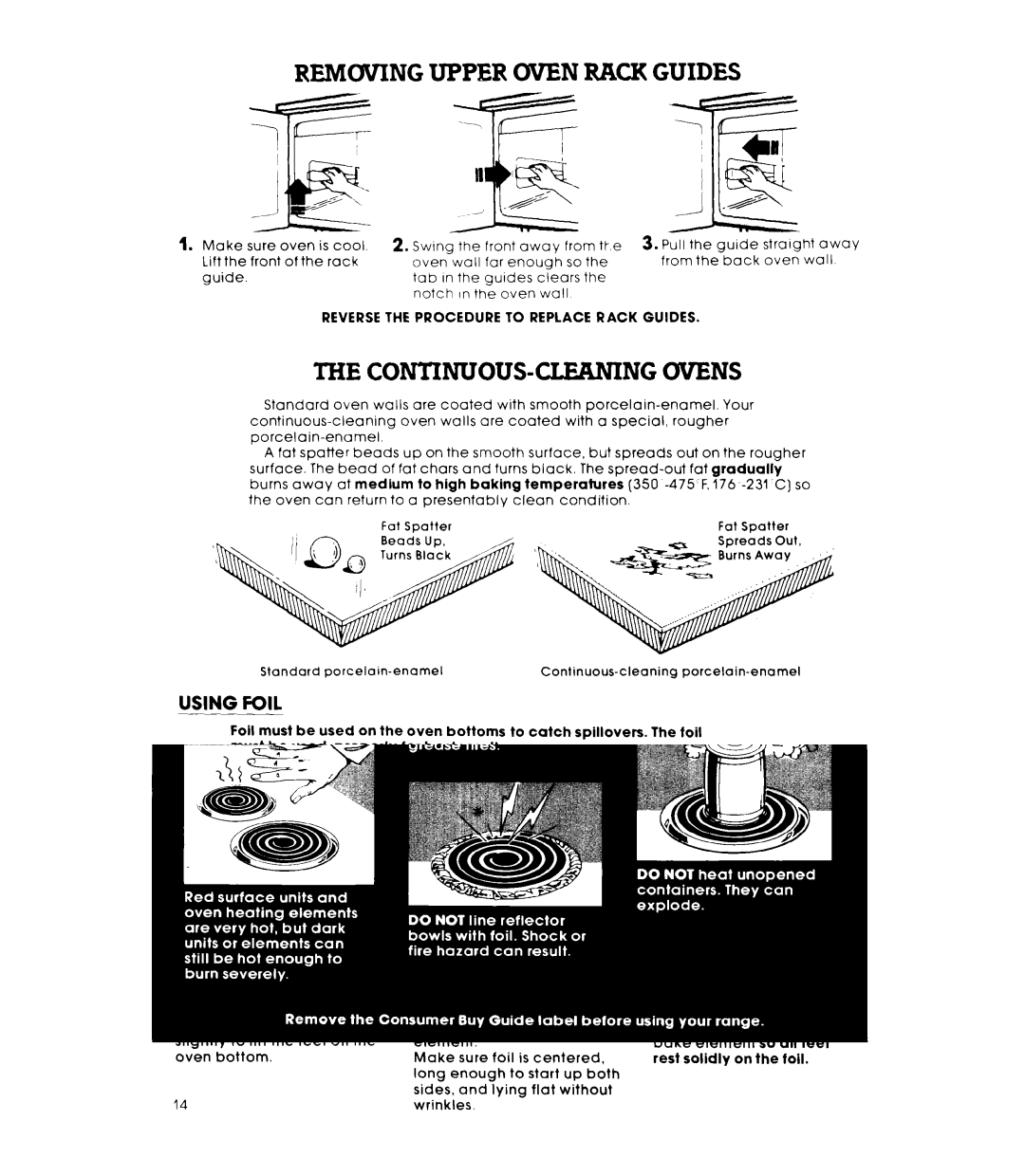 Whirlpool RE953PXKT0 warranty Removing Upper Oven Rack Guides, CONTINUOUS-CLEANING Ovens, Using Foil 