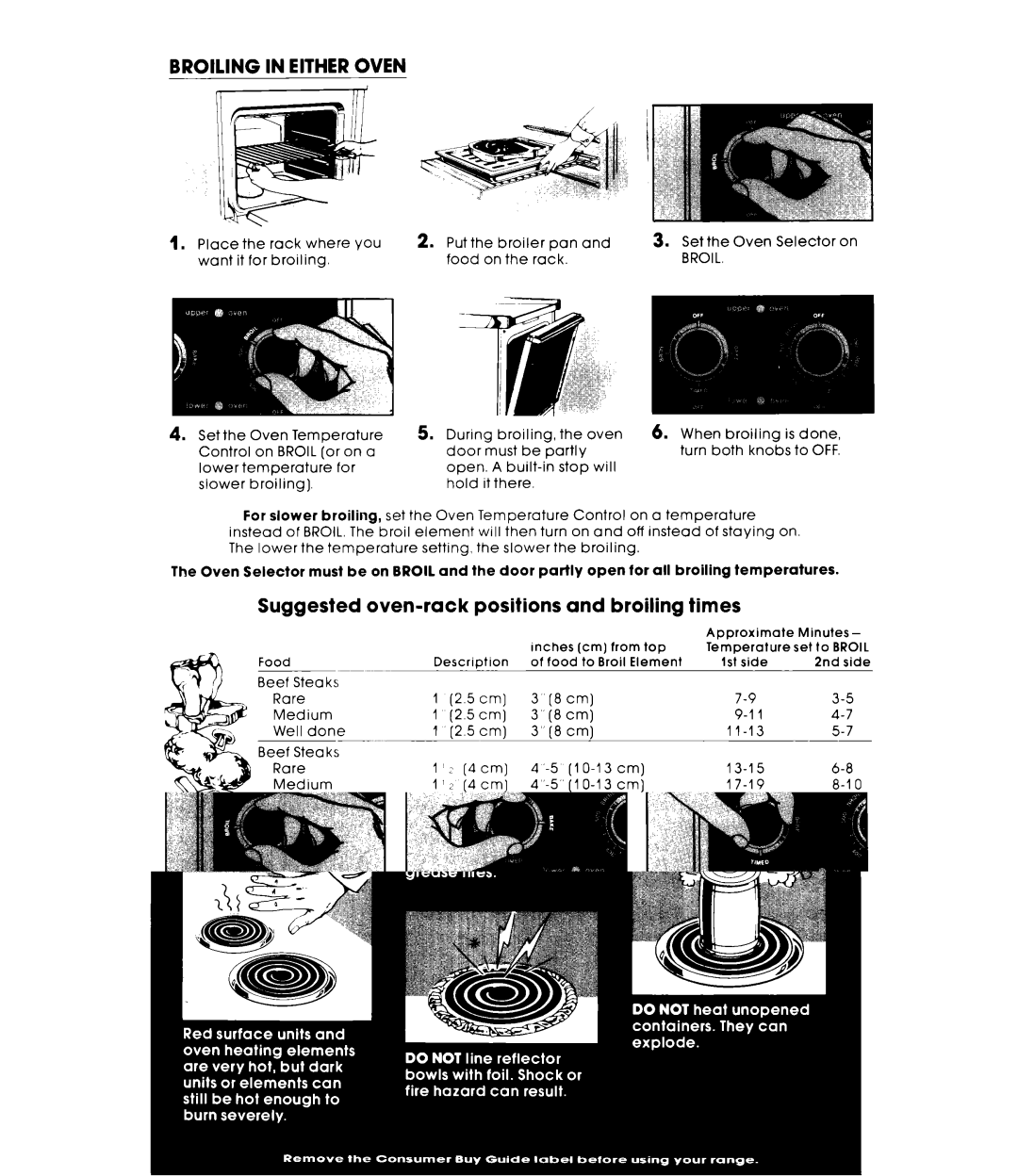 Whirlpool RE953PXKT0 warranty Broiling in Either Oven, Suggested oven-rack positions and broiling times 