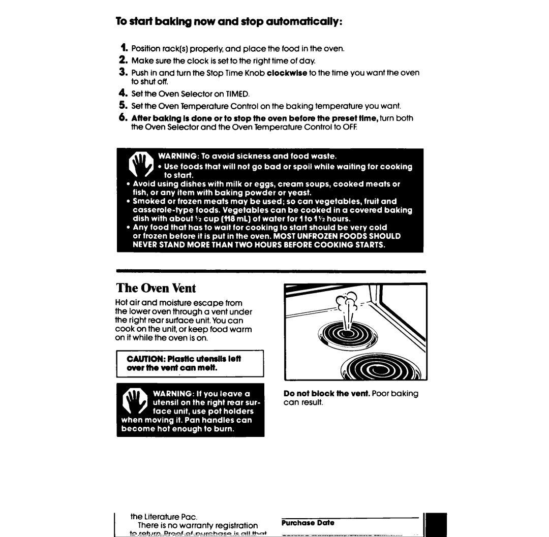 Whirlpool RE953PXP, RE960PXP, RE963PXP manual Oven Vent, To start baklng now and stop automutically 