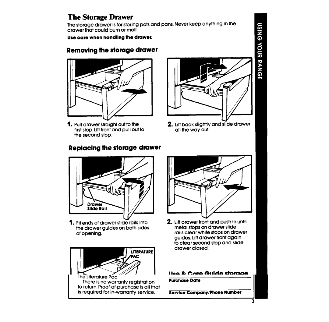 Whirlpool RE960PXP manual Storage Drawer, Removing the storage drawer, Replaclng the storage dmwer, Use & Care Gulde stomge 