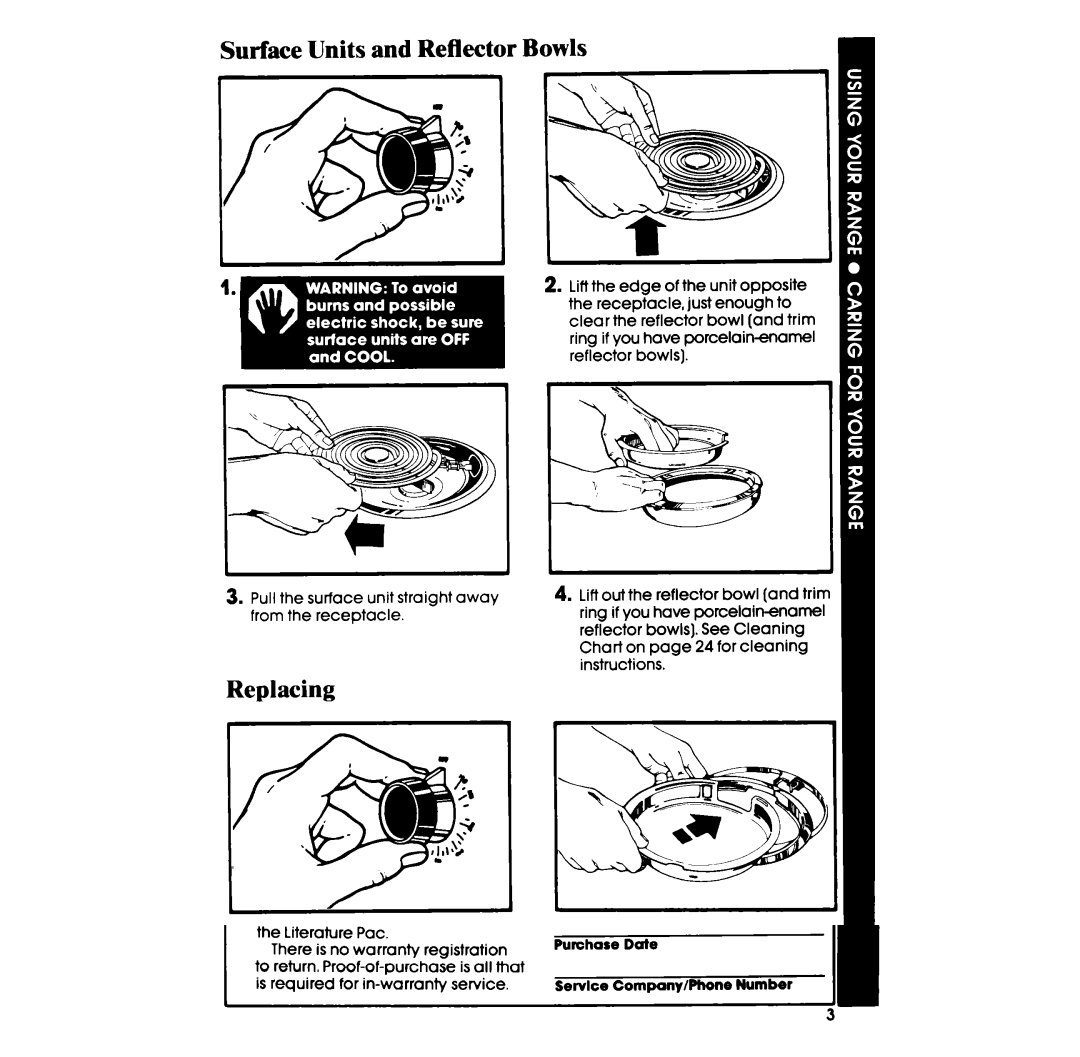 Whirlpool RE953PXP, RE960PXP, RE963PXP manual Surface Units and Reflector Bowls, Replacing 