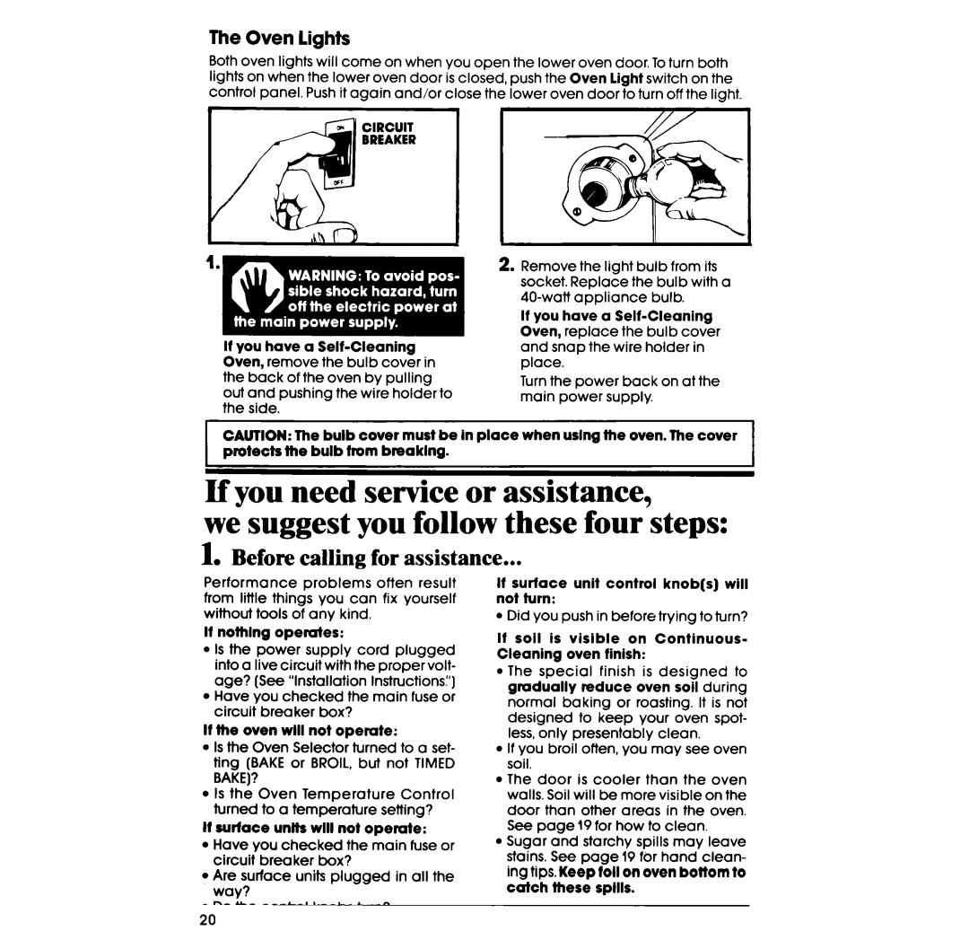 Whirlpool RE963PXP, RE953PXP, RE960PXP manual Before calling for assistance, Oven lights 