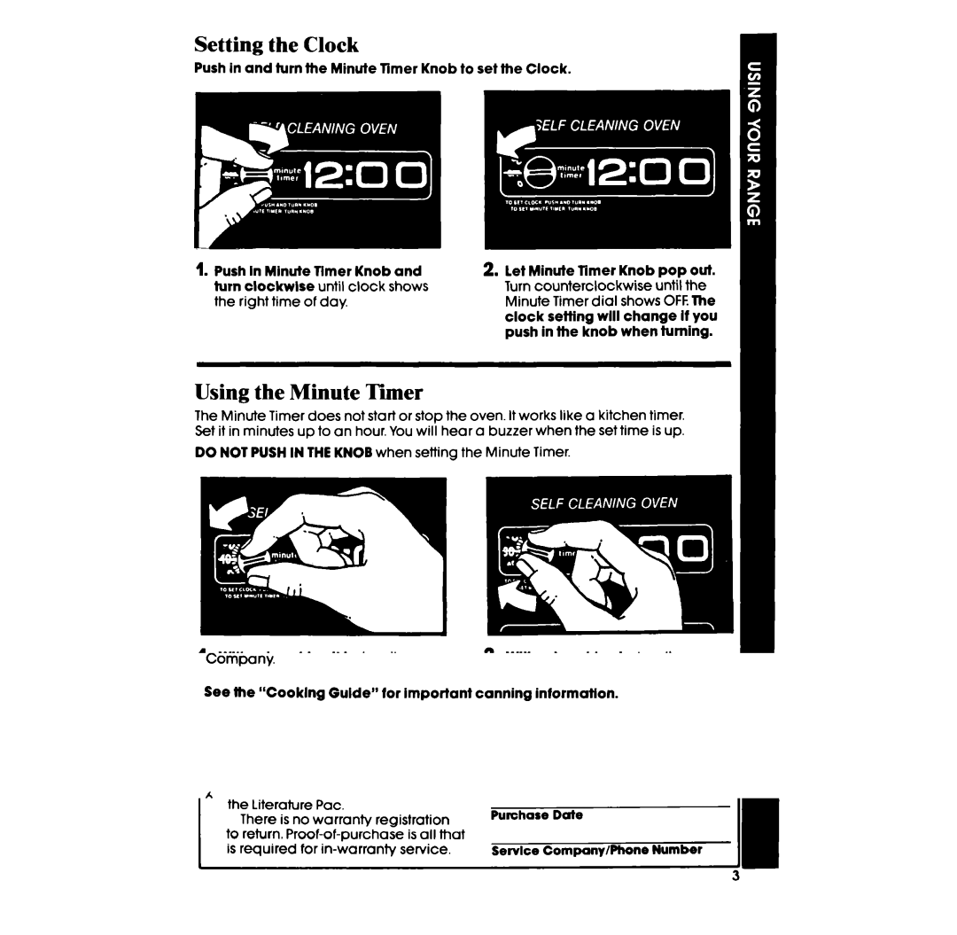 Whirlpool RE960PXP Setting the Clock, Using the Minute Timer, Push in and turn the Minute Timer Knob to set the Clock 